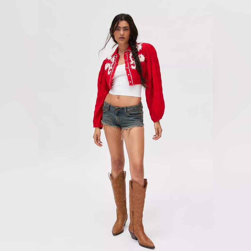 Urban Outfitters Red Cropped Embroidered Western Jacket